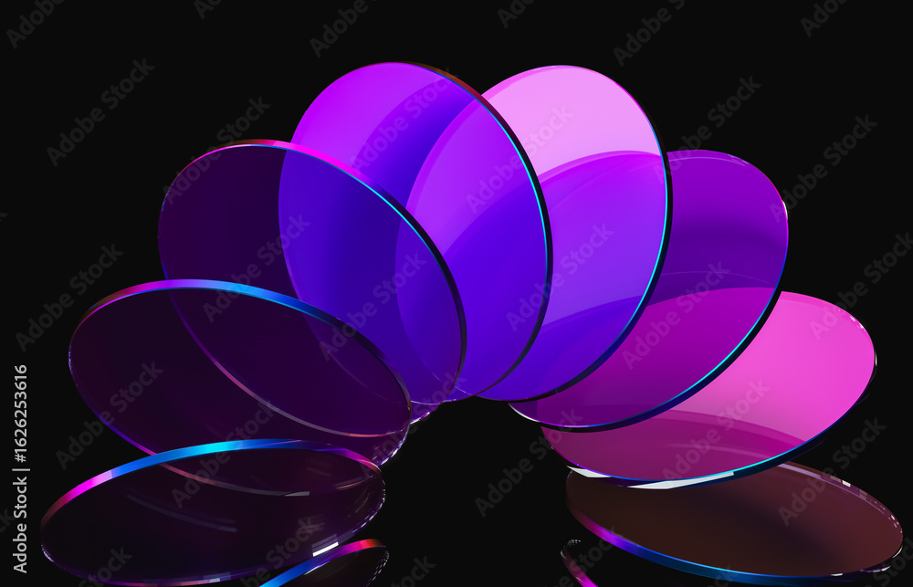 Poster abstract dynamic layered transparent crystal glass on dark background. 3d rendering