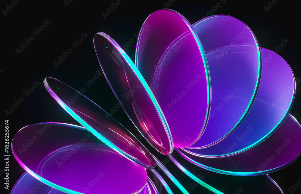 Poster abstract dynamic layered transparent crystal glass on dark background. 3d rendering