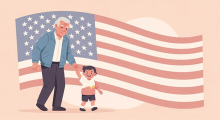 An illustration featuring an elderly man and a young child in front of the American flag