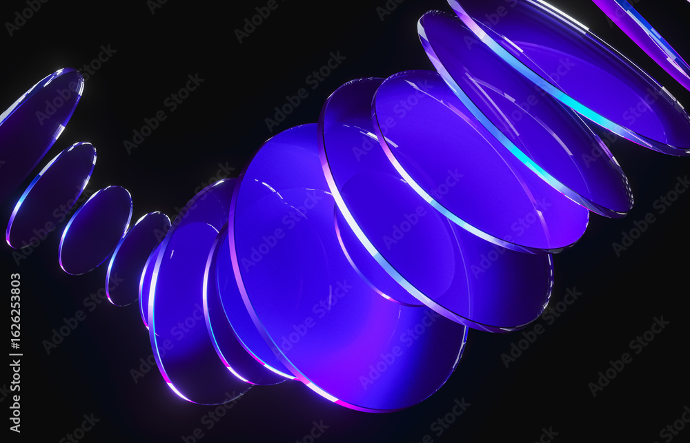 Poster abstract dynamic layered transparent crystal glass on dark background. 3d rendering