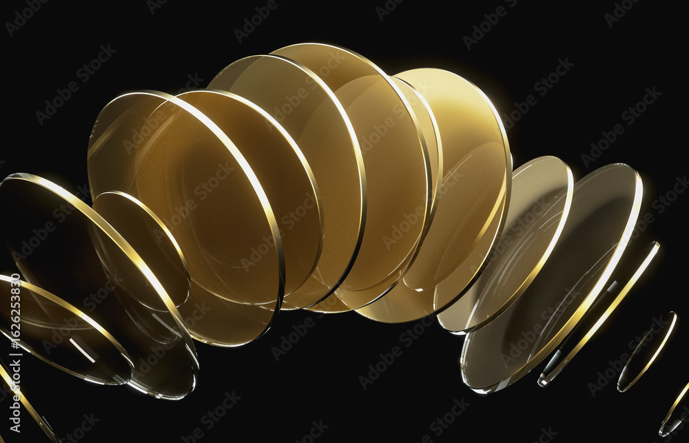 Poster abstract dynamic layered transparent crystal glass on dark background. 3d rendering