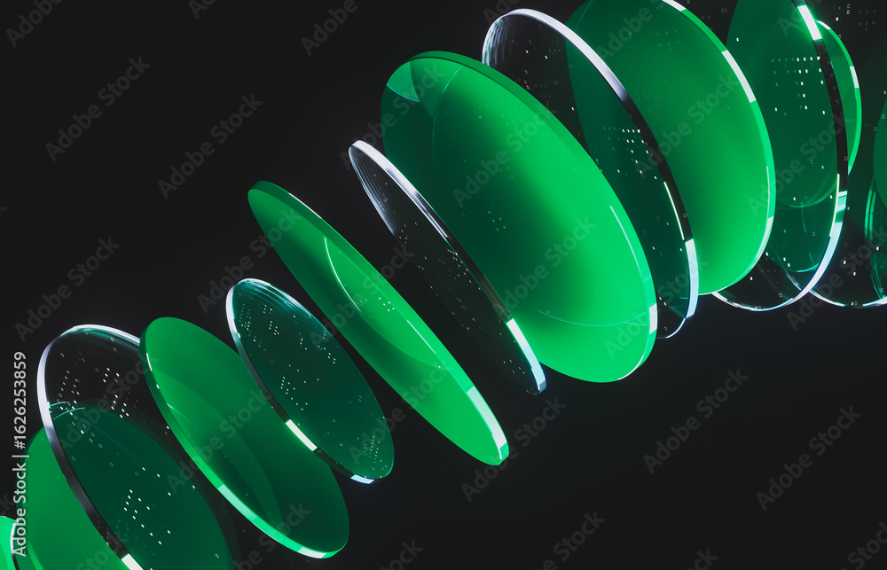 Poster abstract dynamic layered transparent crystal glass on dark background. 3d rendering