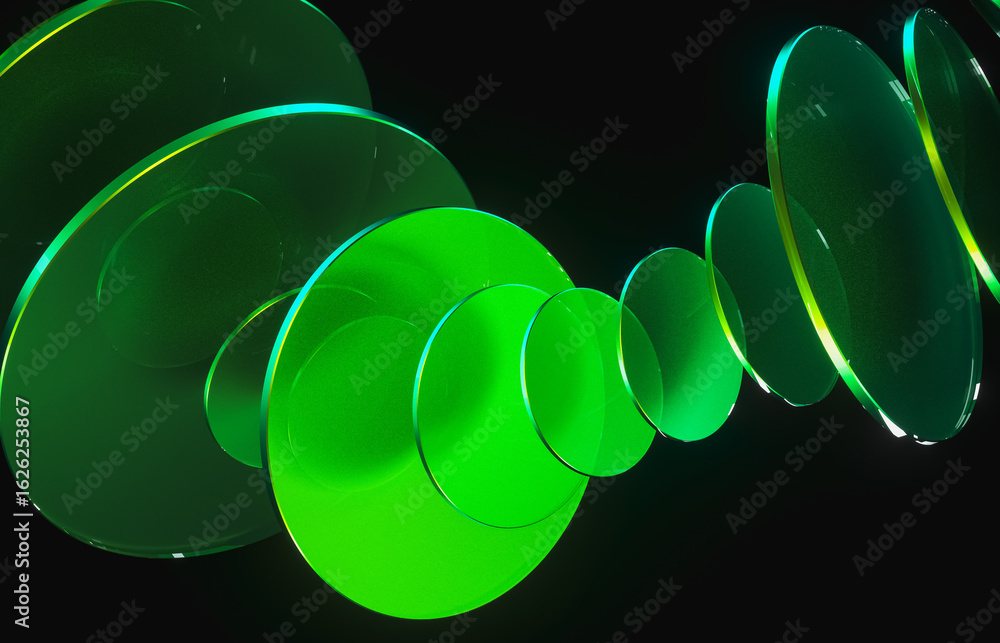 Poster abstract dynamic layered transparent crystal glass on dark background. 3d rendering