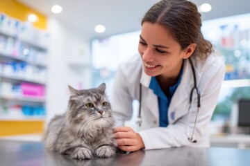 A woman is petting a cat in a veterinary clinic. The cat is laying on a table