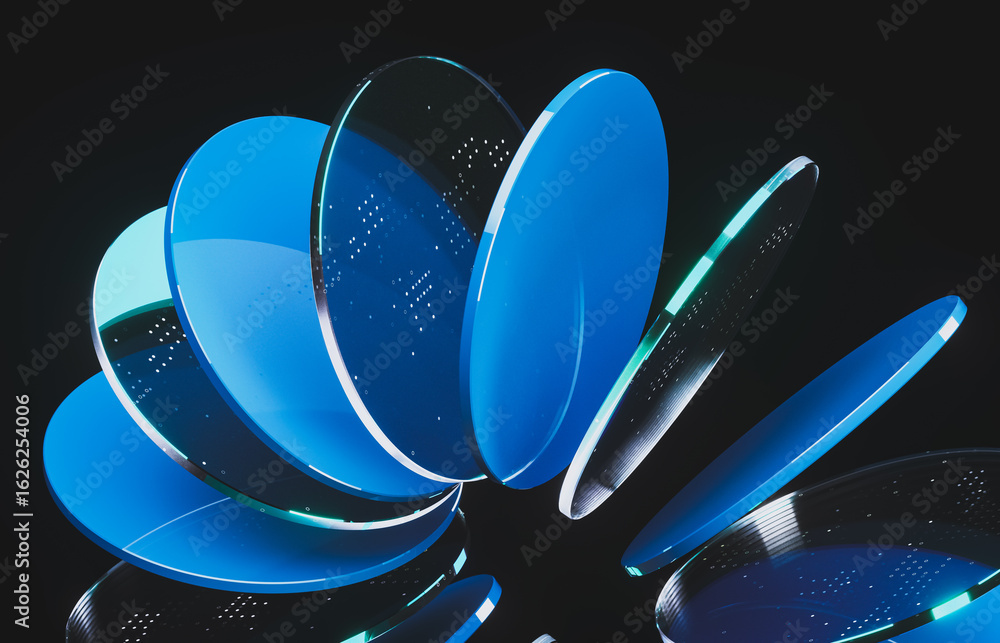 Poster abstract dynamic layered transparent crystal glass on dark background. 3d rendering