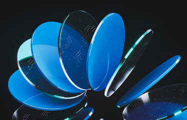 Abstract dynamic layered transparent crystal glass on dark background. 3d rendering