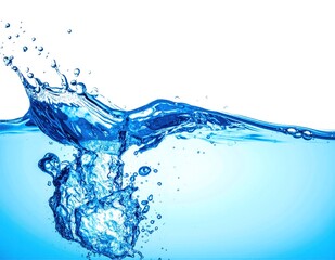 Obraz premium A dynamic water splash captured against a pristine white background, showcasing droplets and arcs of water in mid-air, creating a refreshing and lively effect.