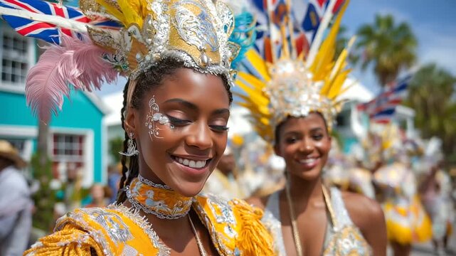 tropical island scene from Constitution Day in the Bahamas on July 10, with Junkanoo dancers, colorful parades