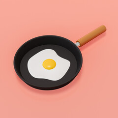 Frying pan with fried egg isolated on pink background, 3d render.