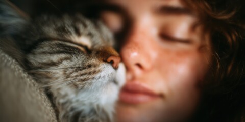 A woman is laying on a bed with a cat on her lap. The cat is sleeping. The woman is wearing a white sweater