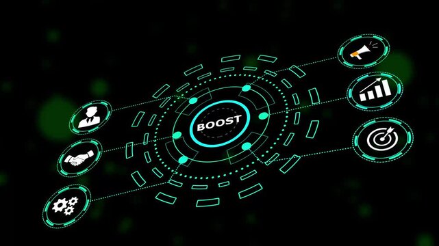 A Boost concept button on a futuristic ,beautiful abstract wave technology background, white flickering dots on technology background. Digital technology background random dot .