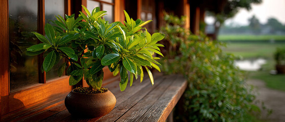 Lush plant basking by wooden house