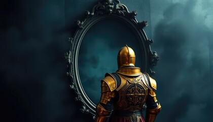 Knight in golden armor standing in front of a dark enchanted mirror that reflects a different world, symbolic and mystical atmosphere