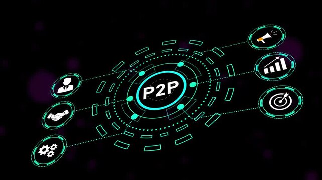 Businessman presses button with text P2P Peer-to-peer icon on virtual digital electronic user interface. communication network Business. technology background with Cyberspace HUD elements animation.
