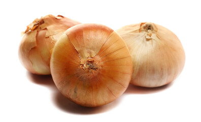 Fresh group onions bulb isolated on white background, side view