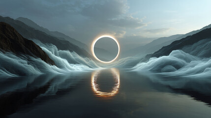 Mystical glowing portal reflecting on dark lake