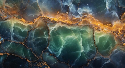 An abstract marbled background with flowing green, blue, and luminous golden veins creating a luxurious, natural pattern.