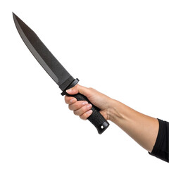 Person holding knife with black handle isolated on transparent background  
