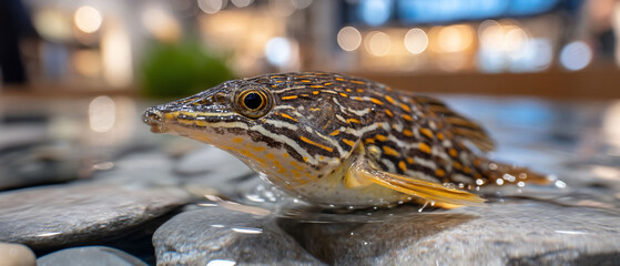 Ornate fish rests in shallow water