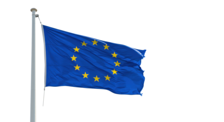Iconic european union flag with vibrant blue and golden stars, waving on a sleek white flagpole under a clear sky, concept of european unity and economic strength