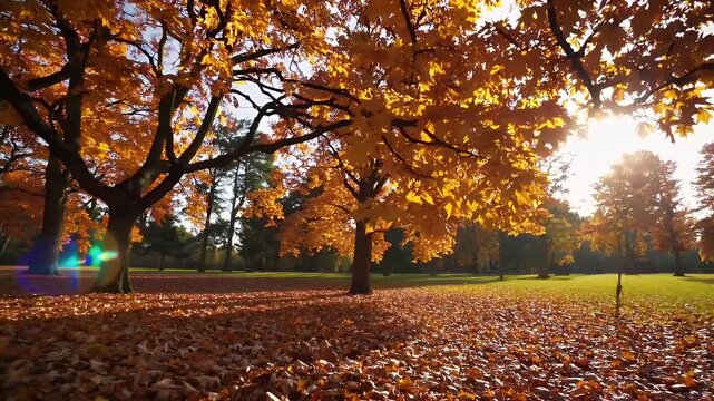 4K animated autumn scene showing golden orange leaves scattered sunlit park trees gently swaying crisp light filtering through ideal seasonal transitions fall