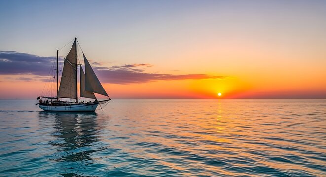 Majestic sailboat gliding across the tranquil ocean during a vibrant sunset creating a serene and