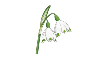 Fototapeta premium A botanical illustration of two white spring snowflake flowers with green tips on a single stem.