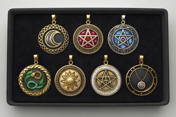 Exquisite collection of mystical gold pendants, celestial symbols