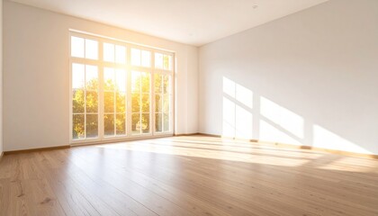 Obraz premium Golden Sunlight Floods a New, Empty Room with Polished Hardwood Floors