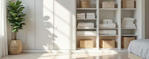 Bright minimalist bedroom features white closet with organized folded white towels, patterned storage baskets. Natural light streams in, casting shadows from potted plant onto closet doors, creating