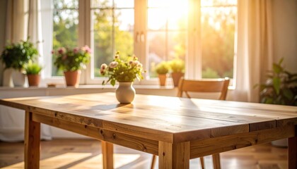 Golden Sunlight Illuminates a Rustic Wooden Table in a Serene Dining Room