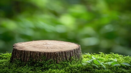 Tree Stump Covered in Moss with Nature Background in Lush Greens and Soft Focus Light