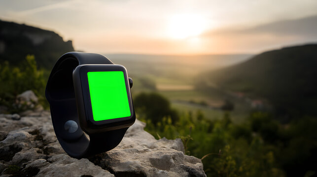 Modern Smartwatch with Green Screen Display Resting on a Rock at Sunset in the Mountains