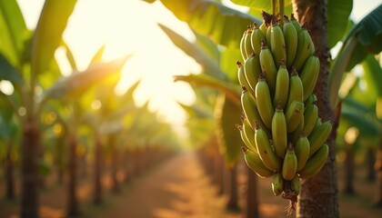Green unripe bananas hang on tree in plantation field under soft sunlight. Rows of banana plants stretch into distance. Tropical fruit farm, healthy eating concept, nature, outdoors.