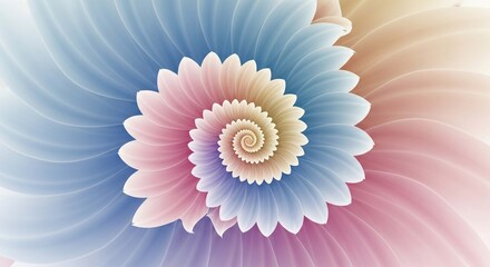 A mesmerizing abstract spiral of soft pastel petals in blue, pink, and orange, creating a floral fractal vortex.