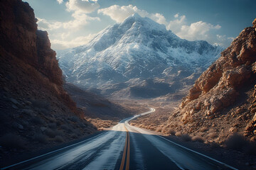 Winding asphalt road through steep canyon snow covered Desert peak,