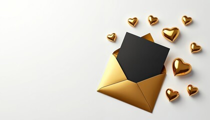 Golden envelope with black card, golden hearts. Illustration love, romance, perfect for Valentine Day greetings special celebrations. Blank card invites personal messages, making versatile design for