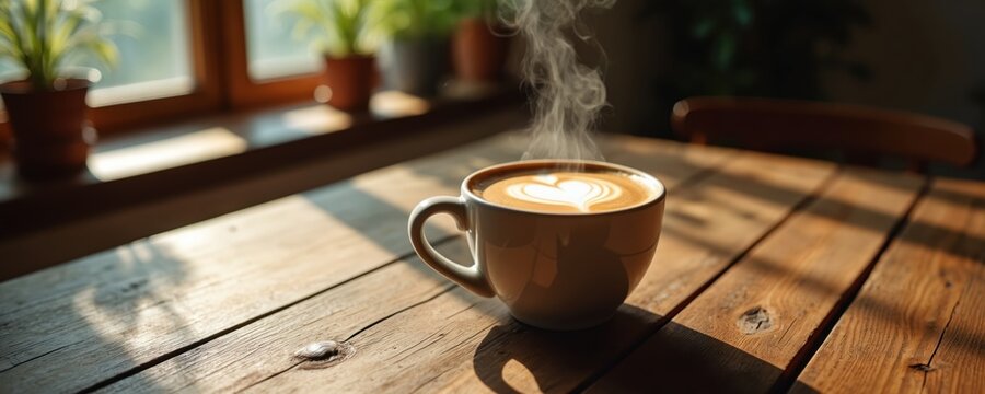 Steaming cup of rich dark coffee sits on rustic wooden table with natural grain. Soft morning light creates cozy atmosphere and gentle shadows, evoking comfort and relaxation.