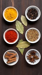 Various spices in bowls on a dark wooden background.
