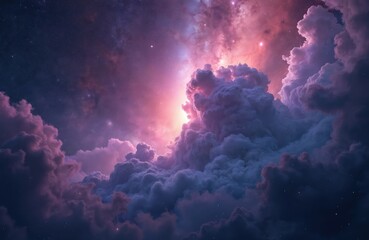 Fototapeta premium Vibrant cosmic clouds with stars fill frame, displaying dazzling mix of pink, purple, blue hues. Celestial scene captures immense beauty of space, with glowing nebulae, distant stars creating sense