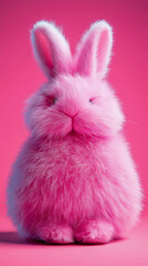 Obraz premium Vibrantly colored, incredibly fluffy pink bunny rabbit portrait against a seamless monochromatic magenta background, highlighting its soft texture and adorable charm.