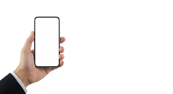 Well-groomed hand holding modern smartphone with blank screen, on transparent studio background with copy space, showcasing digital canvas and technological potential