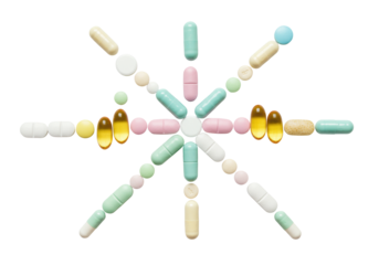 White, pastel, golden pharmaceutical pills and supplements, meticulously arranged in a geometric pattern on a transparent studio background, flat lay, modern healthcare concept