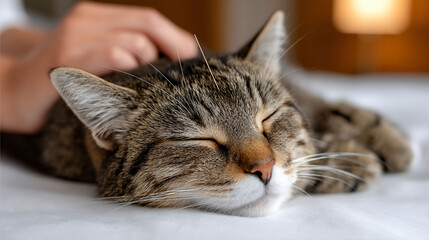 Peaceful feline acupuncture treatment on white bedding