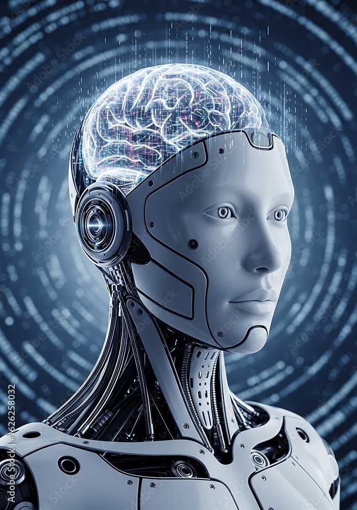 Poster futuristic android with glowing brain robot artificial intelligence