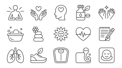 Wellness Icons Set Black Line Art Graphics Collection Healthy Lifestyle Symbols Meditation Yoga Spa Bath Heartbeat Fitness Weight Scale