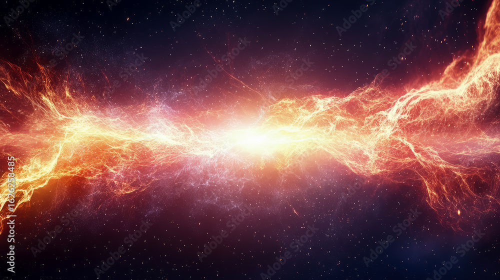Poster dynamic abstract representation of a powerful cosmic burst radiating intense light and swirling fier