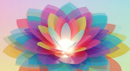 Fototapeta premium A vibrant, stylized lotus flower with overlapping, transparent petals in a rainbow of colors, glowing brightly from its center.
