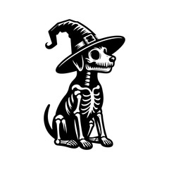 Skeleton dog with halloween witch hat vector 