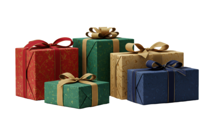 Five luxury gift boxes, elegant patterned paper (reds, greens, golds, silvers, whites, blues), textured ribbons, full bows, on a transparent studio background. Festive celebration concept